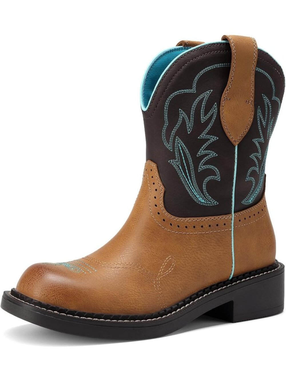 Women's Brown/Tan Faux Leather Round Toe Western Low Heel Embroidered Boots